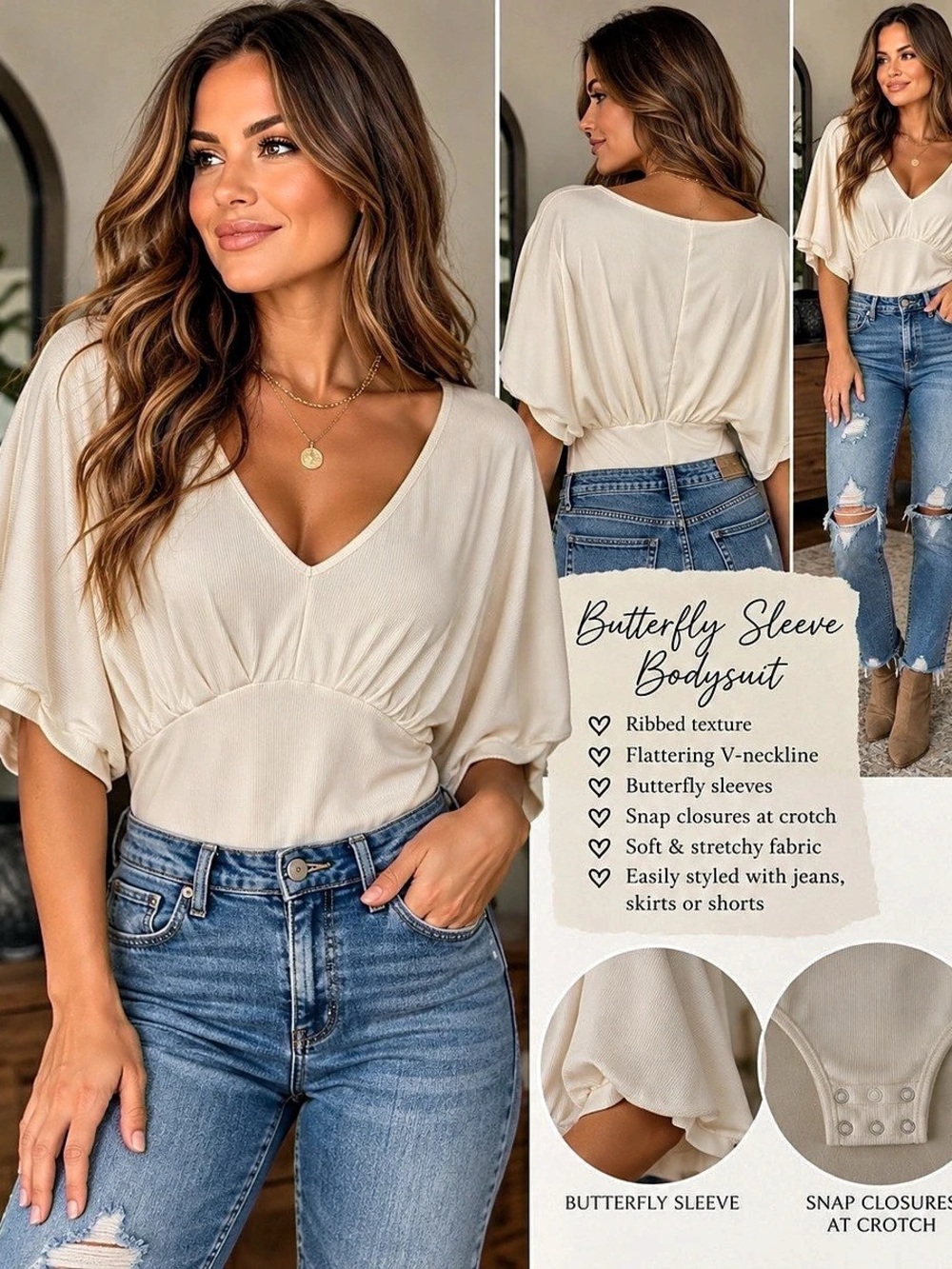 28-30” ptp Butterfly Sleeve V-Neck Bodysuit in White 2XL